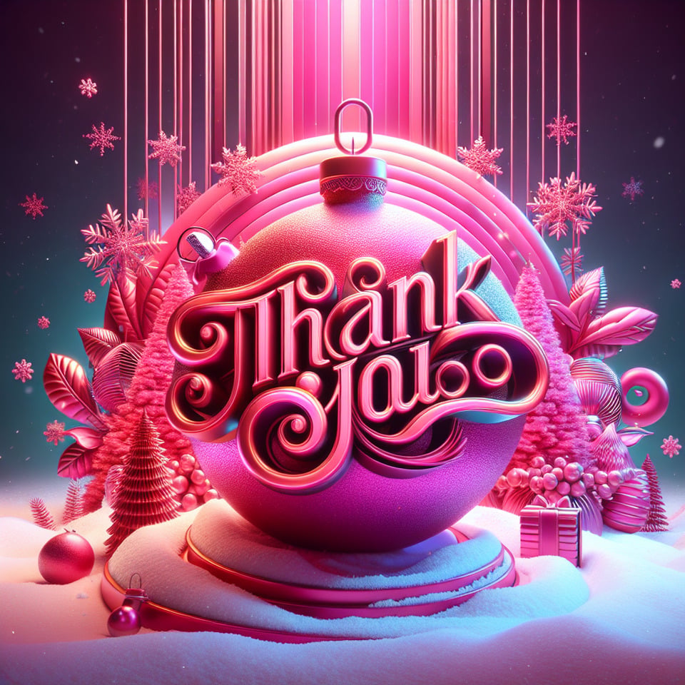 Beautiful,vibrant,pink,Christmas,sphere,with,the,name,Thank,You,text,in,ladies,style,in,large,3D,text,with,snow,and,snowflakes,surrounding,it,photo,poster,3d,render,typography,vibrant,produc text effect image