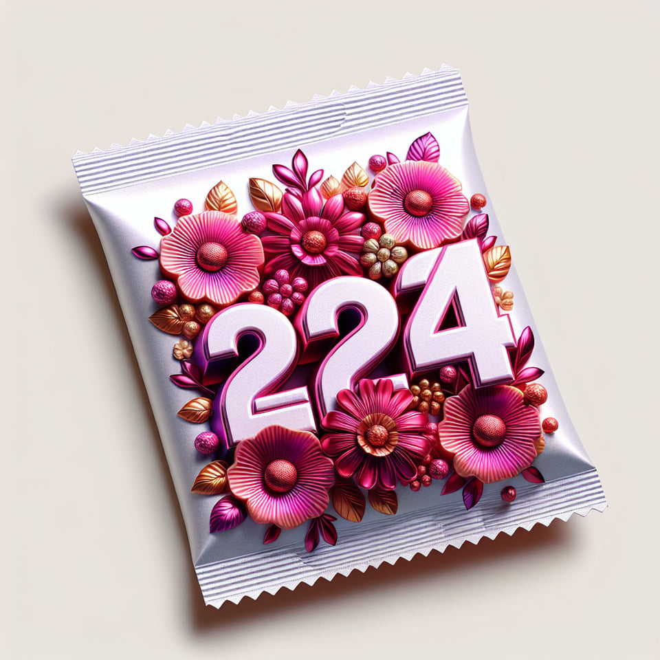 The,word,2024,in,a,metallic,pink,style,with,metallic,flowers,around,the,word,light,white,background,bright,colors,typography,3d,rende text effect image