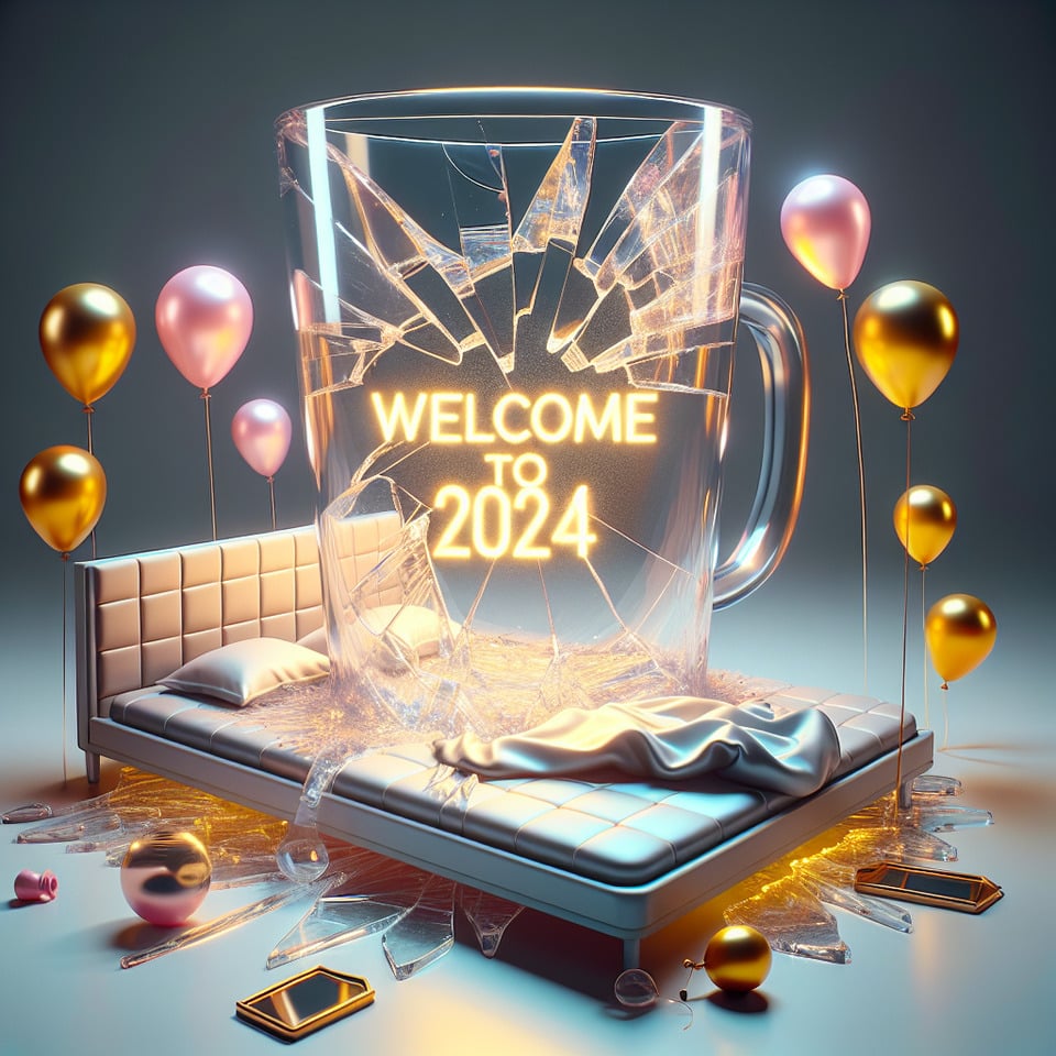 Cama,de,copa,agrietada,transparente,ultrarrealista,texto,exacto,dentro,Bienvenido,2024,texto,en,color,dorado,brillante,con,globos,alrededor,photo,cinematic,fashio text effect image