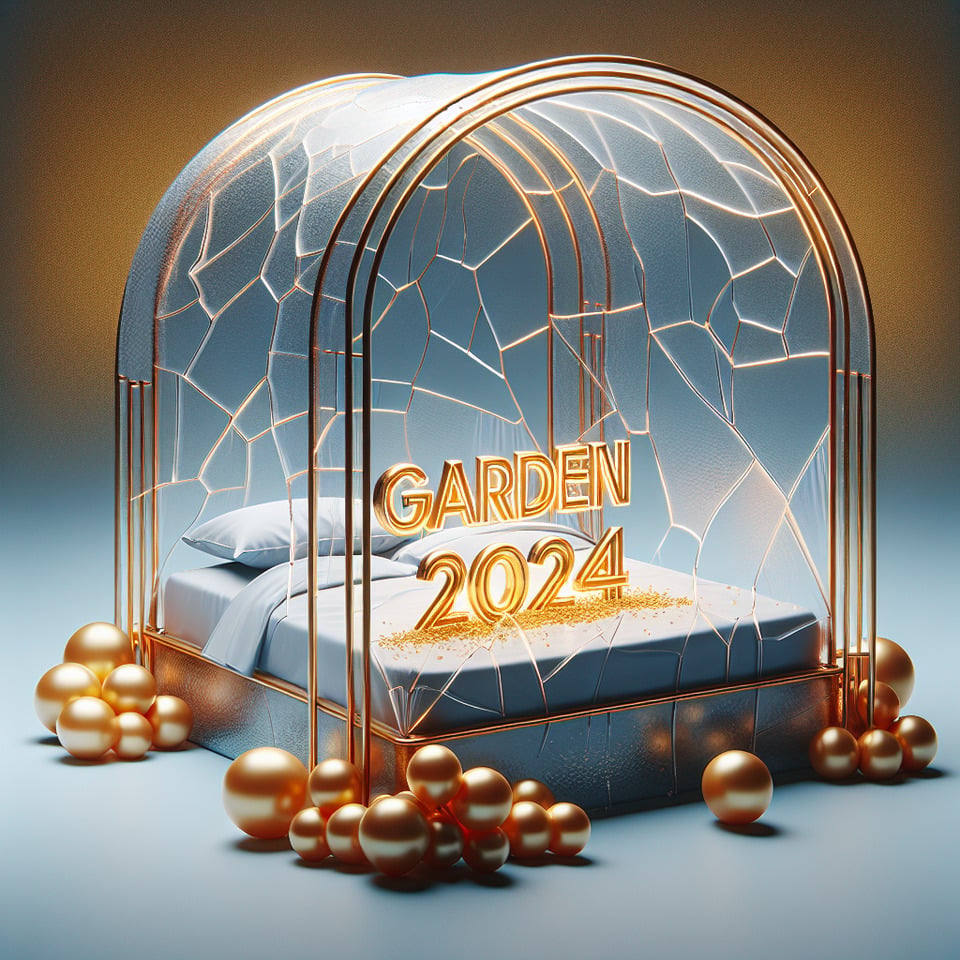 Cama de copa agrietada transparente ultrarrealistatexto exacto dentro “Garden 2024”texto en color dorado brillantecon globos alrededorphotocinematicfashio text effect image