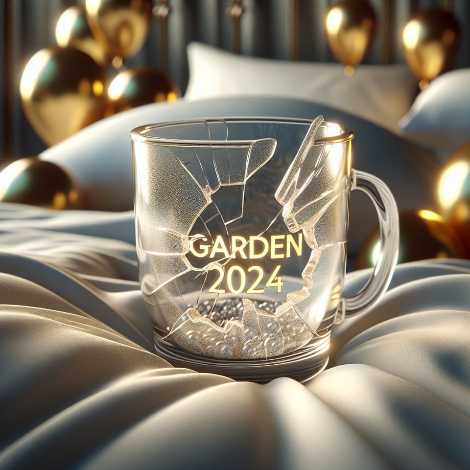 Cama,de,copa,agrietada,transparente,ultrarrealista,texto,exacto,dentro,Garden,2024,texto,en,color,dorado,brillante,con,globos,alrededor,photo,cinematic,fashio text effect image