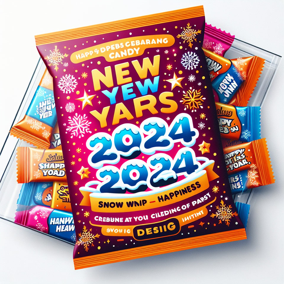 make a packet of candy with the branding name ew years card with snow happiness and 2024 writing image for printing on the packet text effect image