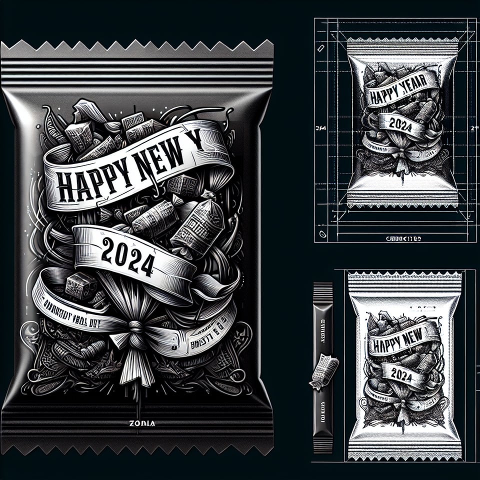 make a packet of candy with the branding name make a creative banner. Happy New Year 2024 is written on the cloth with threadillustrationcinematictypographyfashiondark fantasy3d render image for printing on the packet text effect image