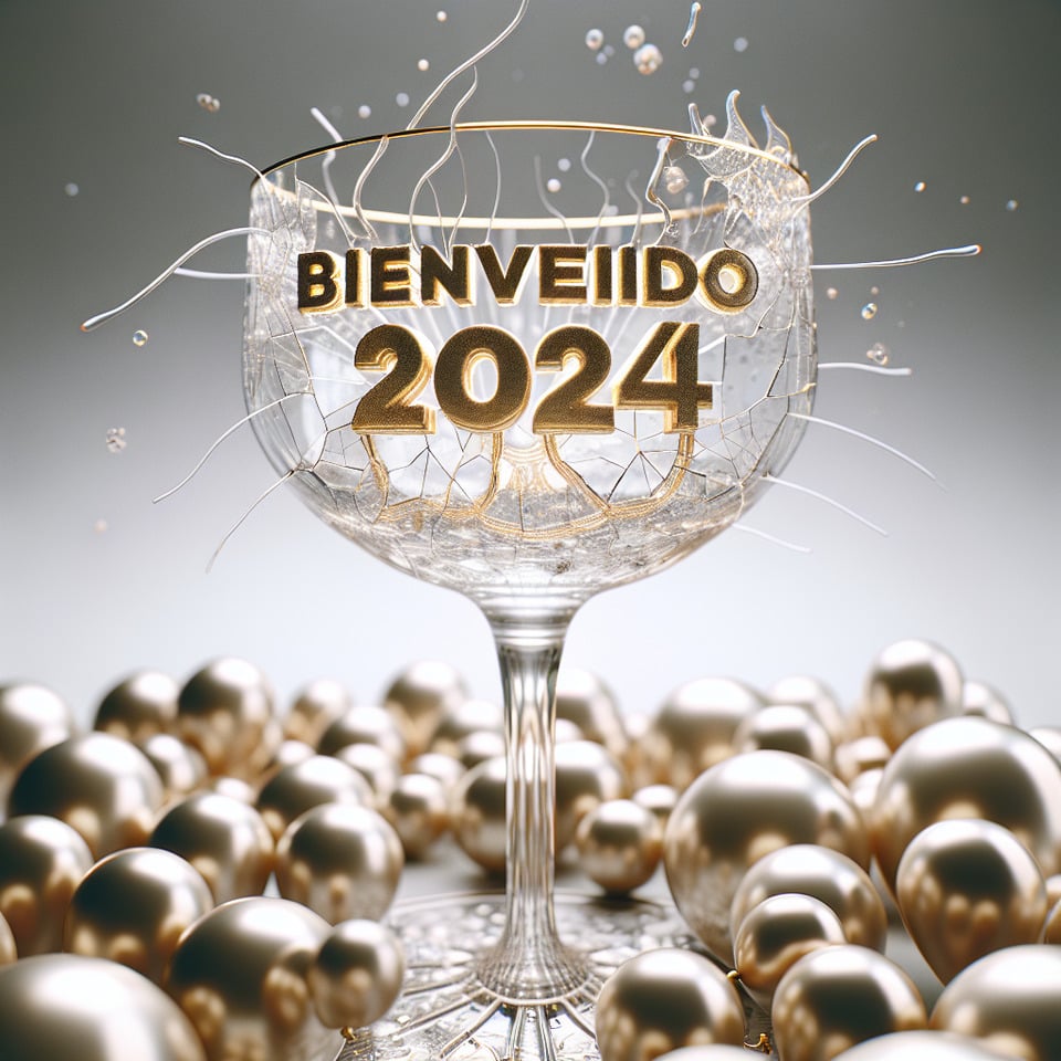 Cama de copa agrietada transparente ultrarrealistatexto exacto dentro “Bienvenido 2024”texto en color dorado brillantecon globos alrededorphotocinematicfashion text effect image