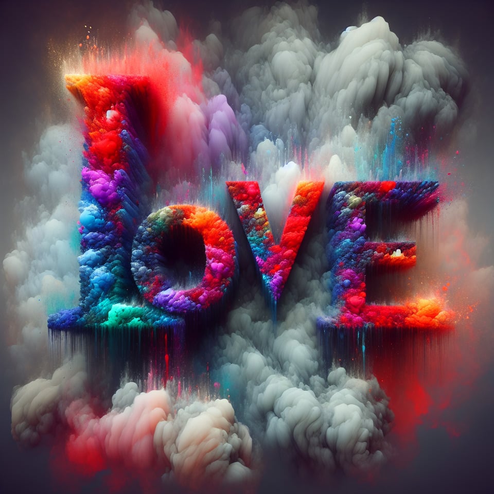 Text love colorful splash 3d text and smoky background text effect image