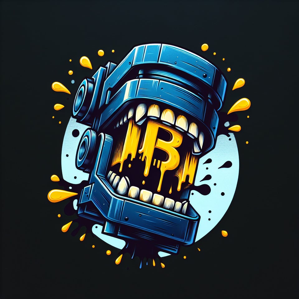 Logo for a company BAKBAKWRITTEN IN YELLOW COLOR INSIDE THE BLUE MECHANICAL MOUTH WITH HUGE TEETHSdrawn as letter markBLACK backgroundink splattertypographyposter3d renderillustration text effect image