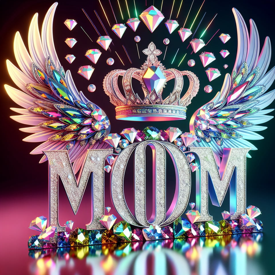 Elegant 3D typography with the name MOM with an elegant crown and fine diamonds with sparkles of bright colors and angel wingsvibranttypographyphoto text effect image