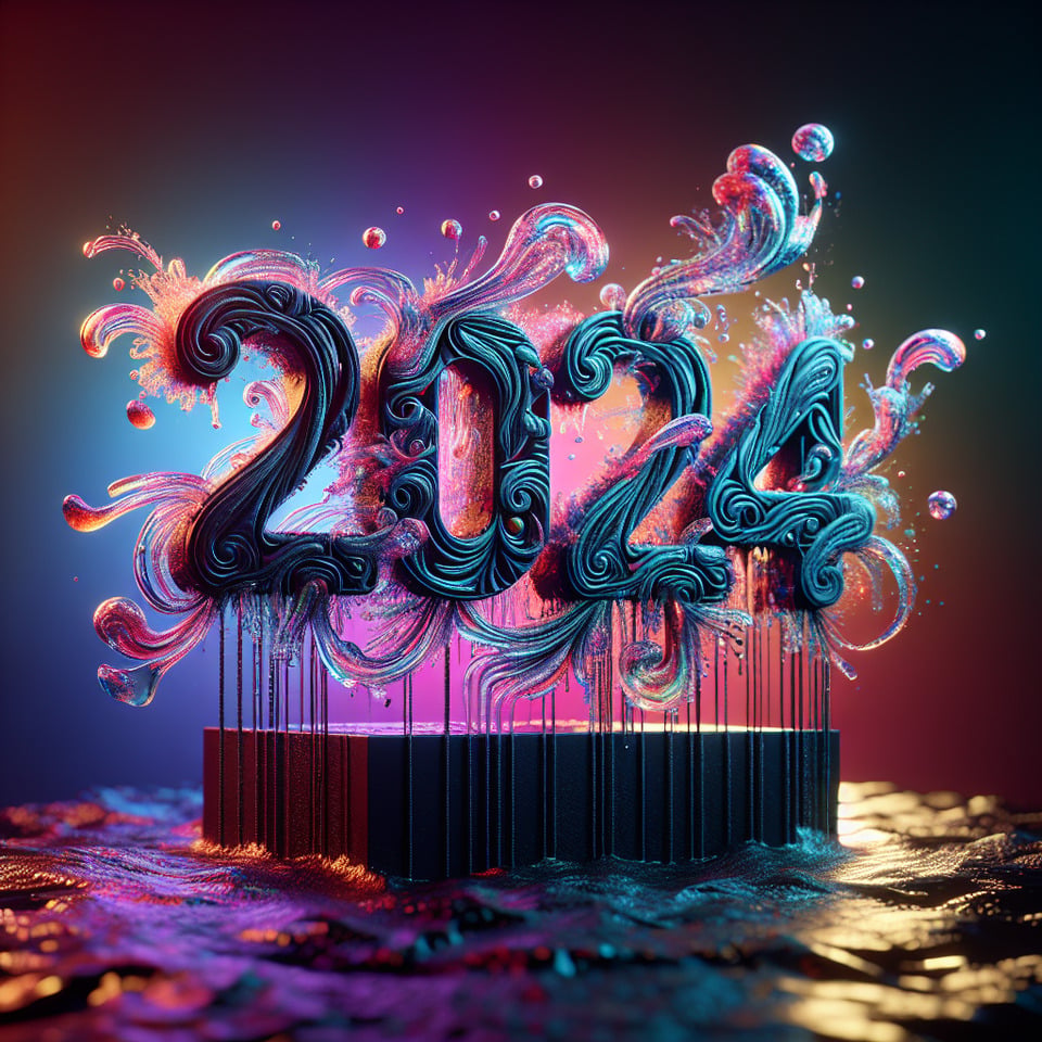 rainbow Text2024 in three linesno spacescreative colorful sign made of watter and smokecolorful backgroundartistic,ultra realisticsplash effectincredible detailsrich colorshigh qualityin the style of Dan Mumford and Daniel Merriam3D renderingphoto3d rendertypographycinematicfashion text effect image