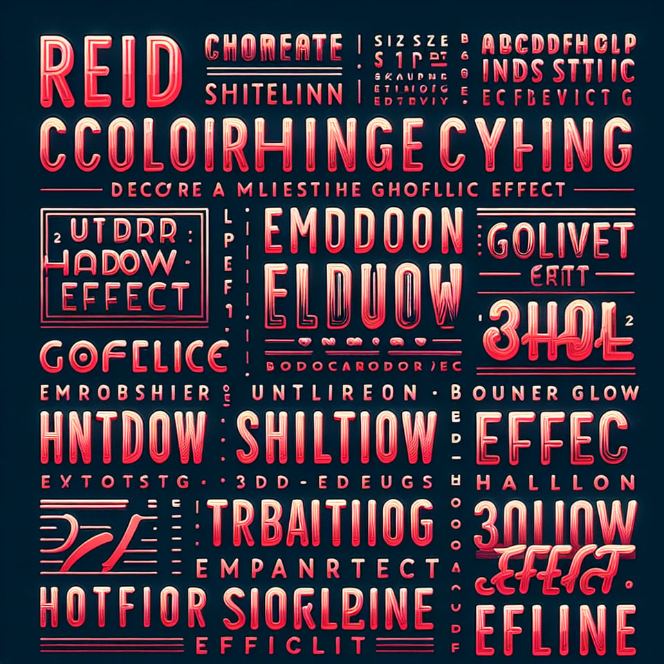1. Font color: Set the font color to red.,2. Font Size: Set the font size to 18 points.,3. Font style: Set the font to italic.,4. Underline: Underline the font.,5. Strikethrough: Add strikethrough to the font.,6. Shadow effect: Add a shadow effect to the font.,7. Embossing effect: Add an embossing effect to the font.,8. Glowing effect: Add glowing effect to fonts.,9. Gradient effect: Set the font to gradient color.,10. Transparency effect: Set the font to be transparent.,11. Rotation effect: Rotate the font to a certain angle.,12. Distortion effect: Distort the font to a certain angle.,13. 3D effect: Set the font to 3D effect.,14. Projection effect: Add a projection effect to the font.,15. Inner shadow effect: Add inner shadow effect to the font.,16. Outer glow effect: Add an outer glow effect to the font.,17. Soft edge effect: Soften the edges of fonts.,18. Hollow effect: Set the font to be hollow.,19. Italic bold effect: Set the font to italic and bold.,20. Underline bold effect: Set the underline to bold. text effect image