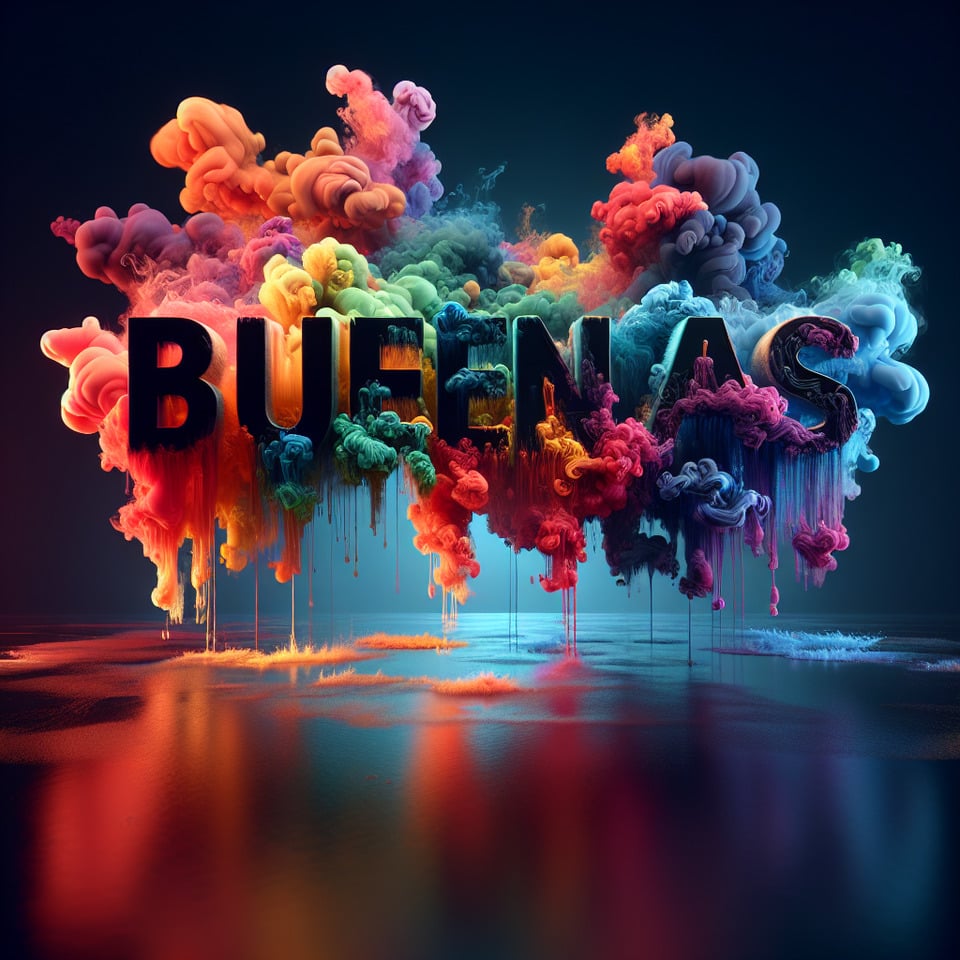 rainbow Textbuenas noches in three linesno spacescreative colorful sign made of watter and smokecolorful backgroundartistic,ultra realisticsplash effectincredible detailsrich colorshigh qualityin the style of Dan Mumford and Daniel Merriam3D renderingphoto3d rendertypographycinematicfashion text effect image