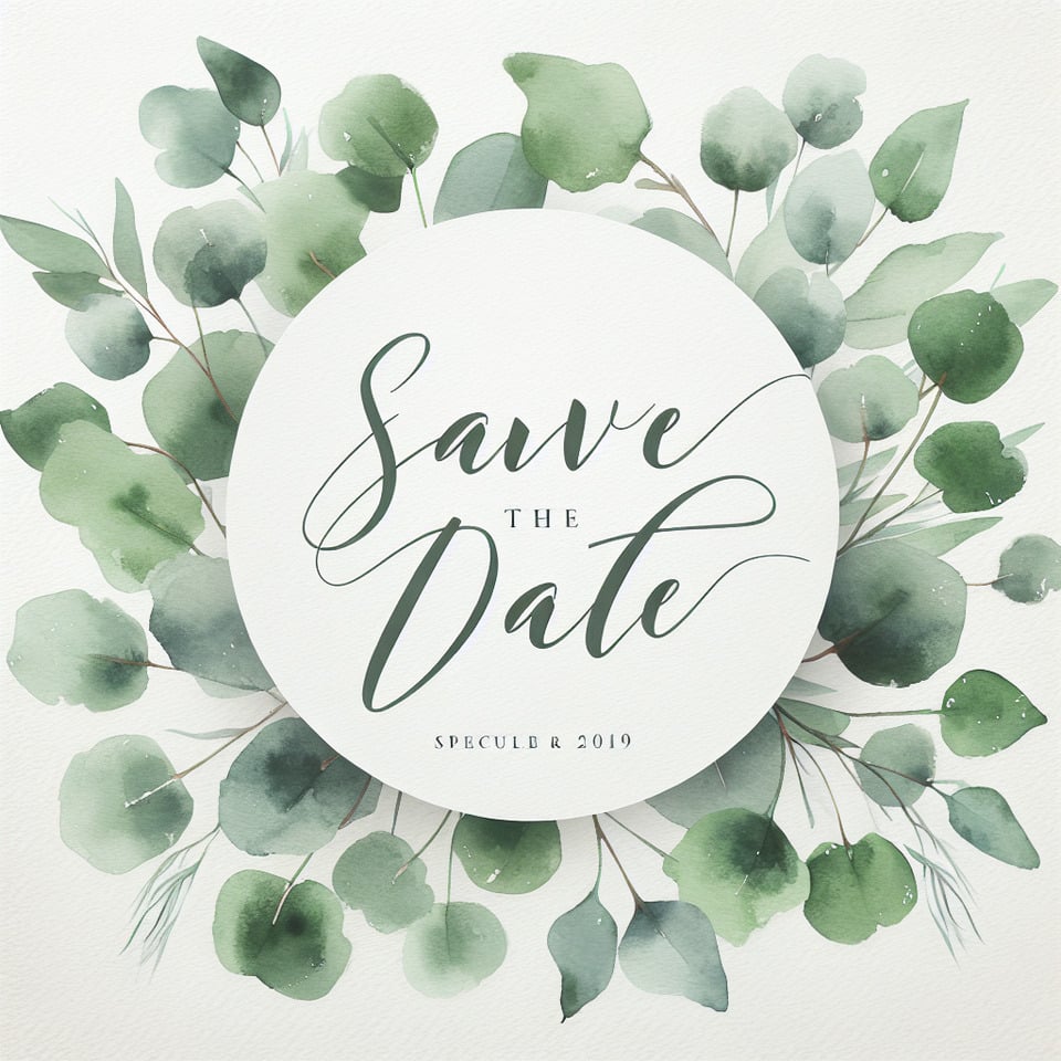 Text Save The Date sans serif font and watercolor eucalyptus leaves background text effect image