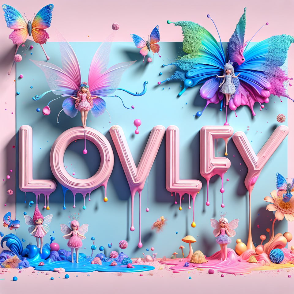 Name Lovely written in the backgroundlittle colorful splashes of 3D painting and with two blue butterfliesfairiesincluding pink ANGEL Disney imagenvibranttypographyphoto text effect image