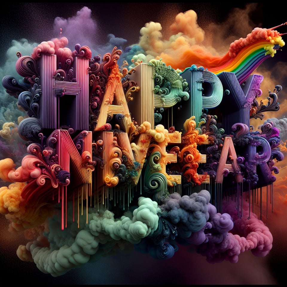 rainbow TextHAPPY NEW YEAR no spacescreative colorful sign made of watter and smokecolorful backgroundartistic,ultra realisticsplash effectincredible detailsrich colorshigh qualityin the style of Dan Mumford and Daniel Merriam3D renderingfashioncinematictypography3d renderphoto text effect image