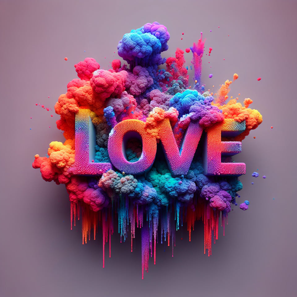 Text love colorful splash 3d text and smoky background text effect image