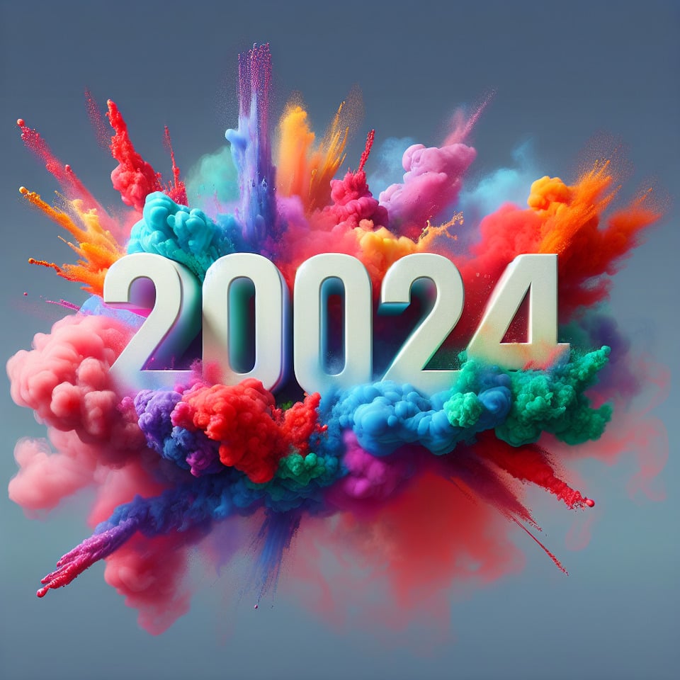 Text 2024 colorful splash 3d text and smoky transparent background text effect image