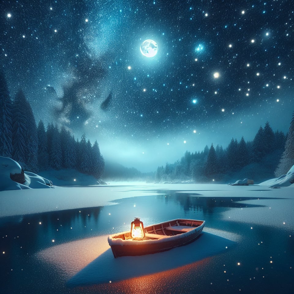 Text Winter Timethe background is a starry skyunder the starry sky is a snowy lakethere is a small boat in the lakean oil lamp is placed in the boatthe moonlight is clear8k photography picture text effect image