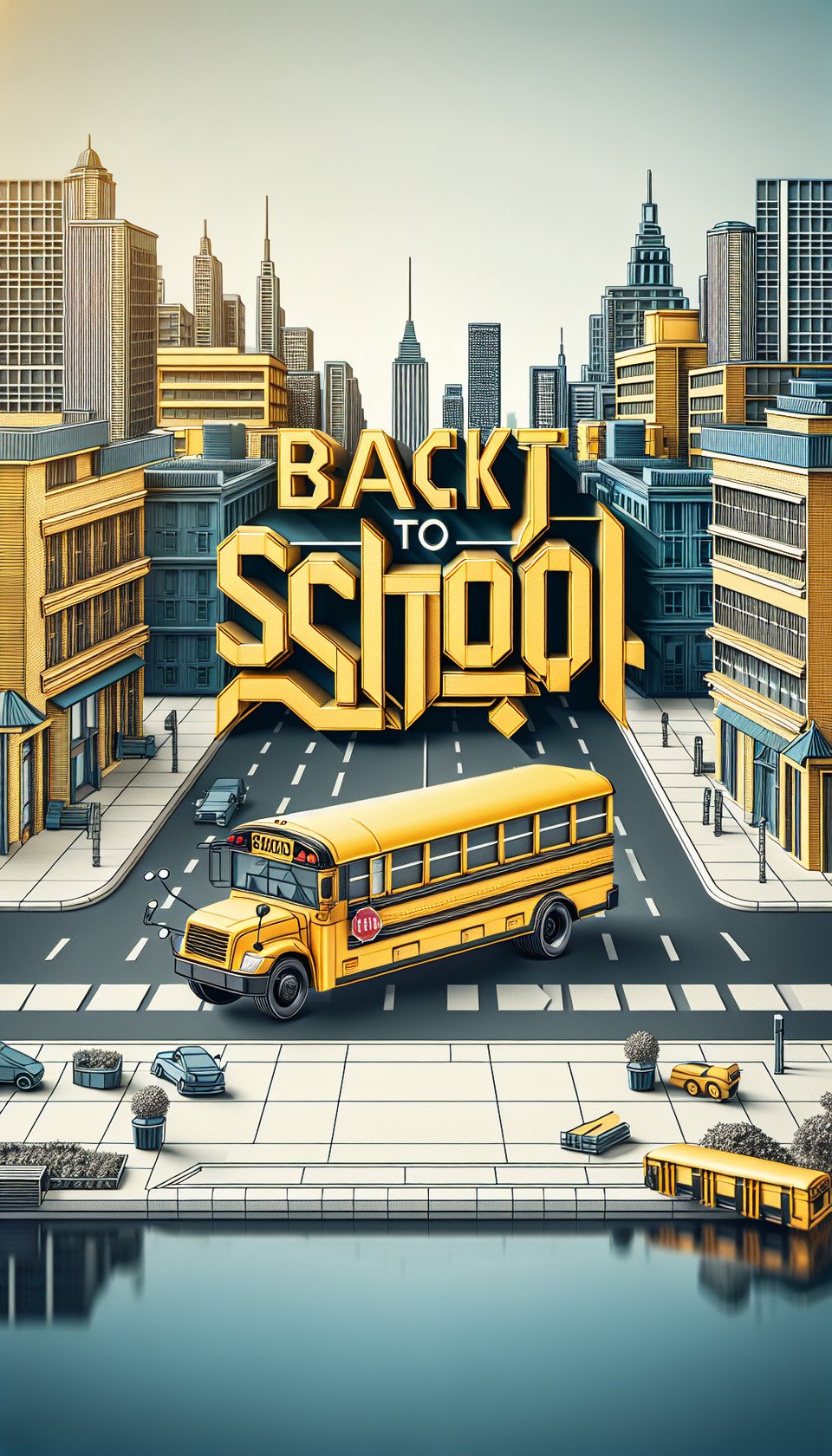 Text Back to Schoolthe background is a school bus driving on the city streetthe text is displayed in the centerorigami style text effect image