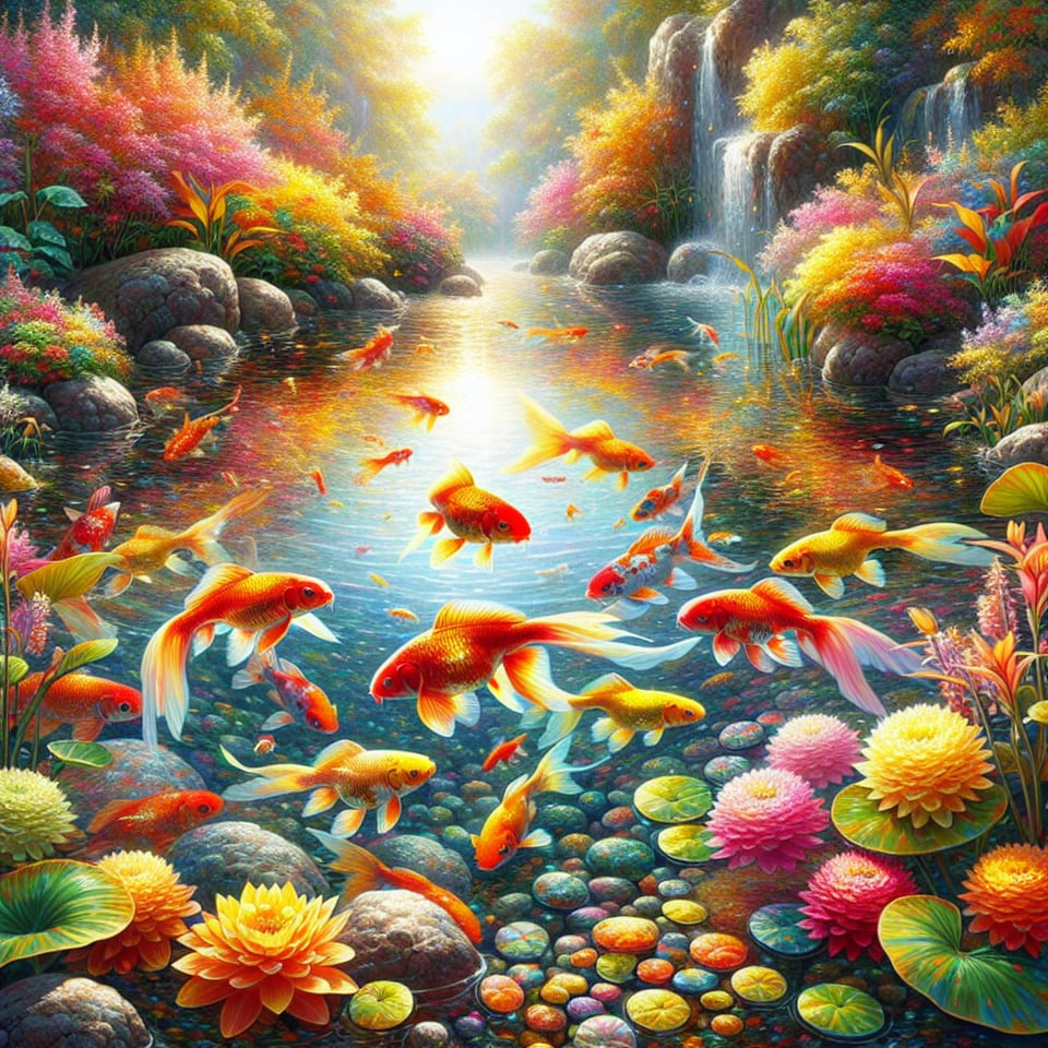 Goldfish pictures in colorful pond text effect image