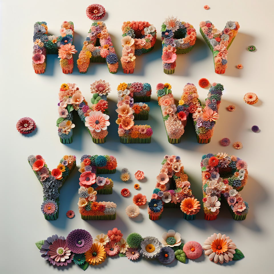 textHappy New Year three-dimensionalmade of flowergorgeouswith a light gradient background. text effect image