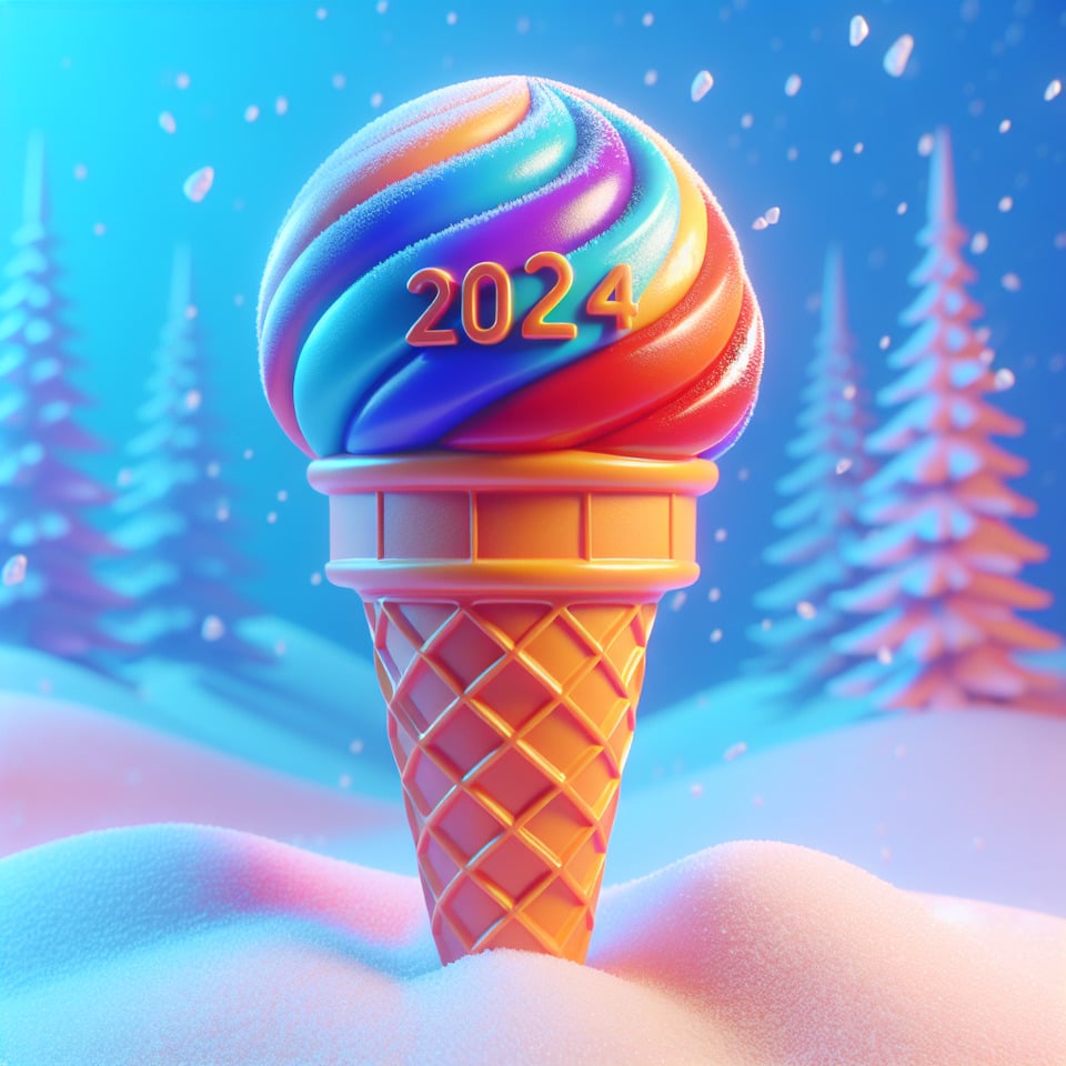 ice-cream text 2024 textvibrant,3d renderon snow background text effect image