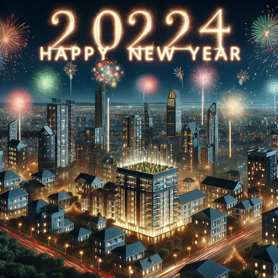 Happy New Year2024- Real Estate Business celebratingfireworksbuildingsprecisevibrant. text effect image