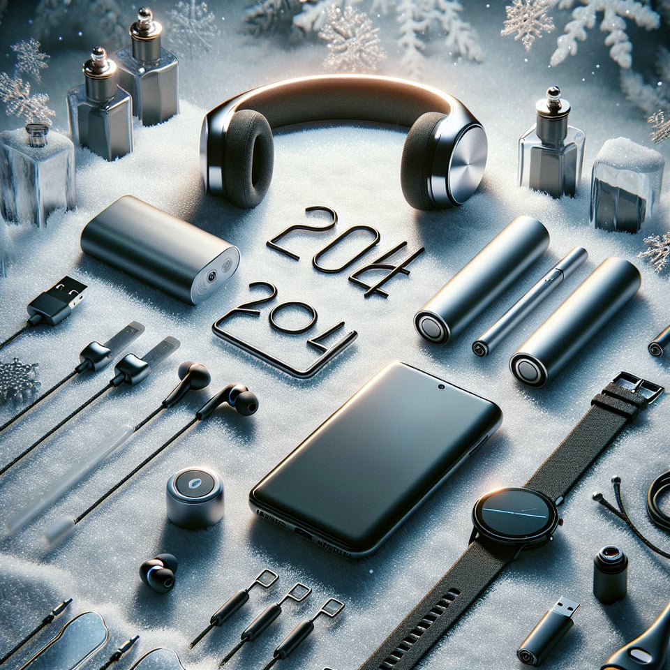 Happy New Year2024- neckband earphoneearbudsmobile chargerandroid batterytempered glassmini speakersmartwatch products on winter background. text effect image