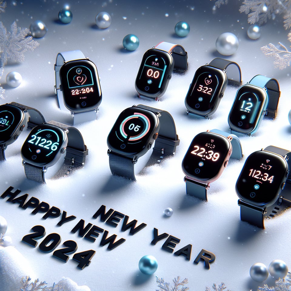 Happy New Year2024- smartwatch products on winter background. text effect image