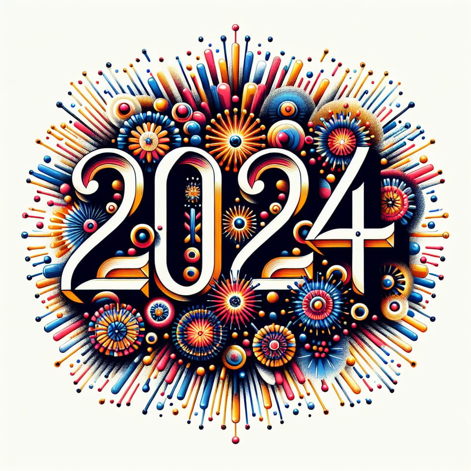 Happy new year text 2024 lettering with fireworks on white background text effect image