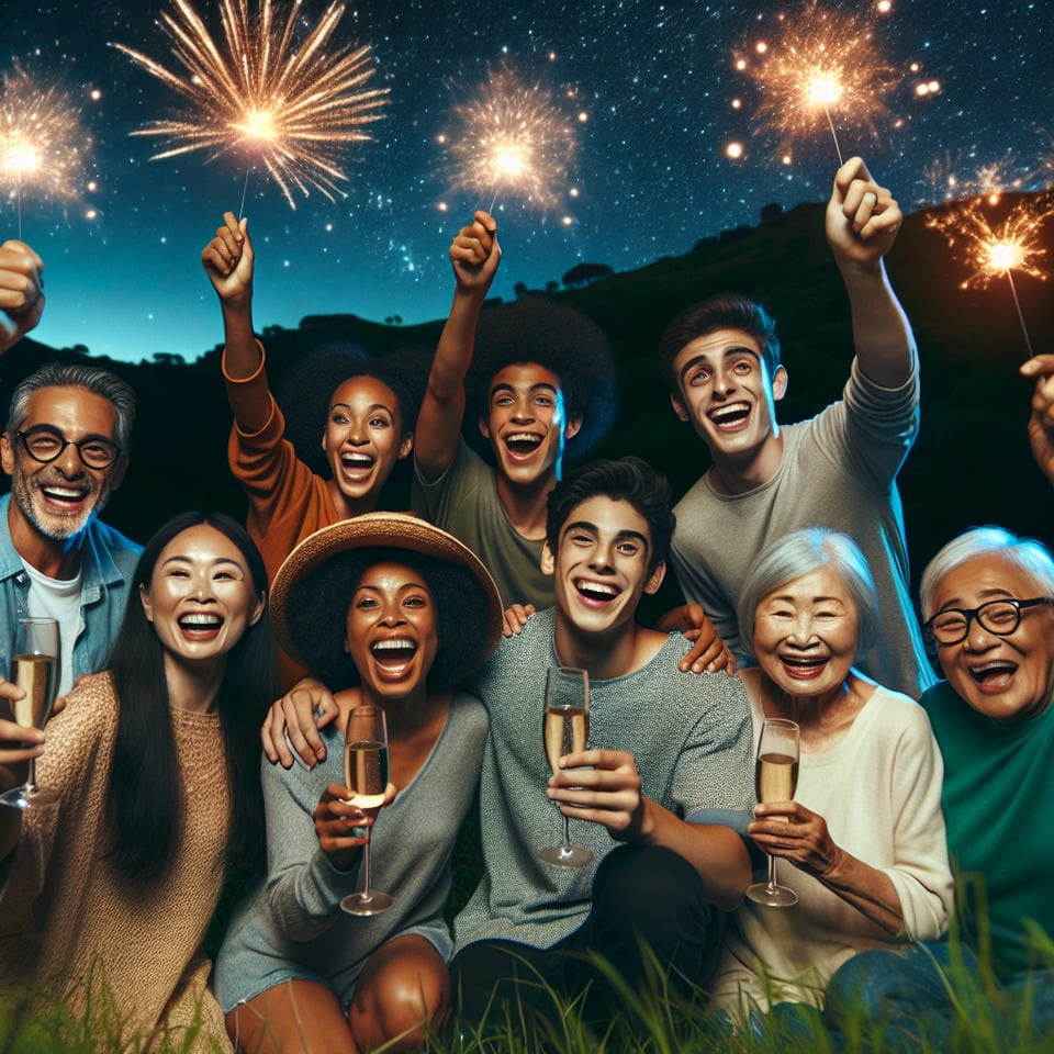 family from hill side celebrating new year text effect image