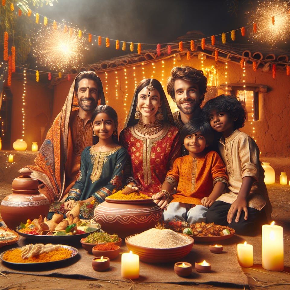Indian village family celebrating new year text effect image