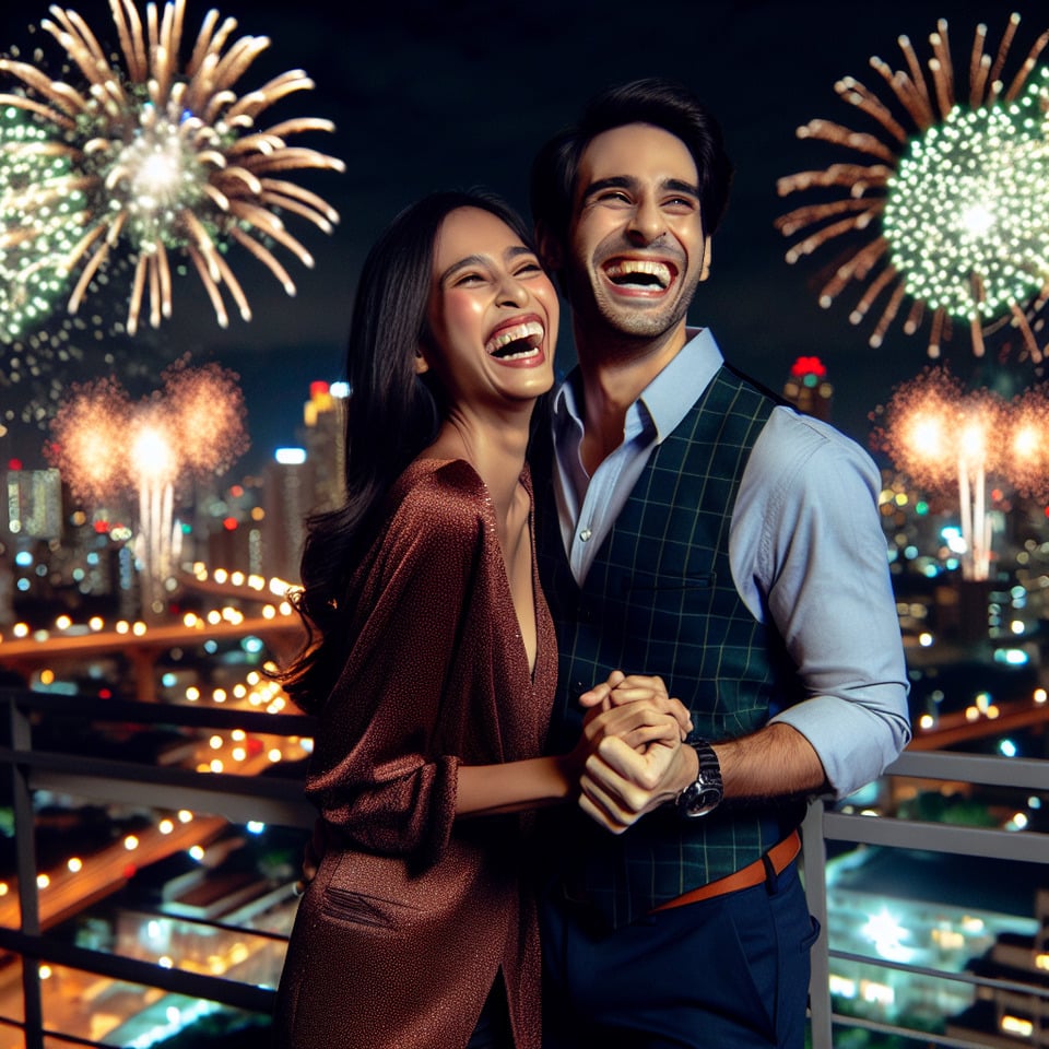 An Indian Couple Standing On A Rooftop Surrounded By Fireworks And City Lights celebrating new year text effect image