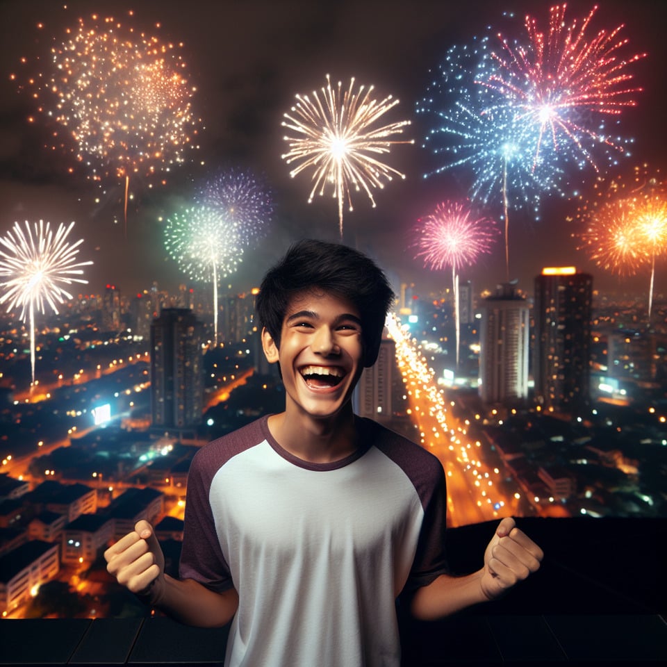 An Indian teen smiling Standing On A Rooftop Surrounded By Fireworks And City Lights celebrating new year text effect image