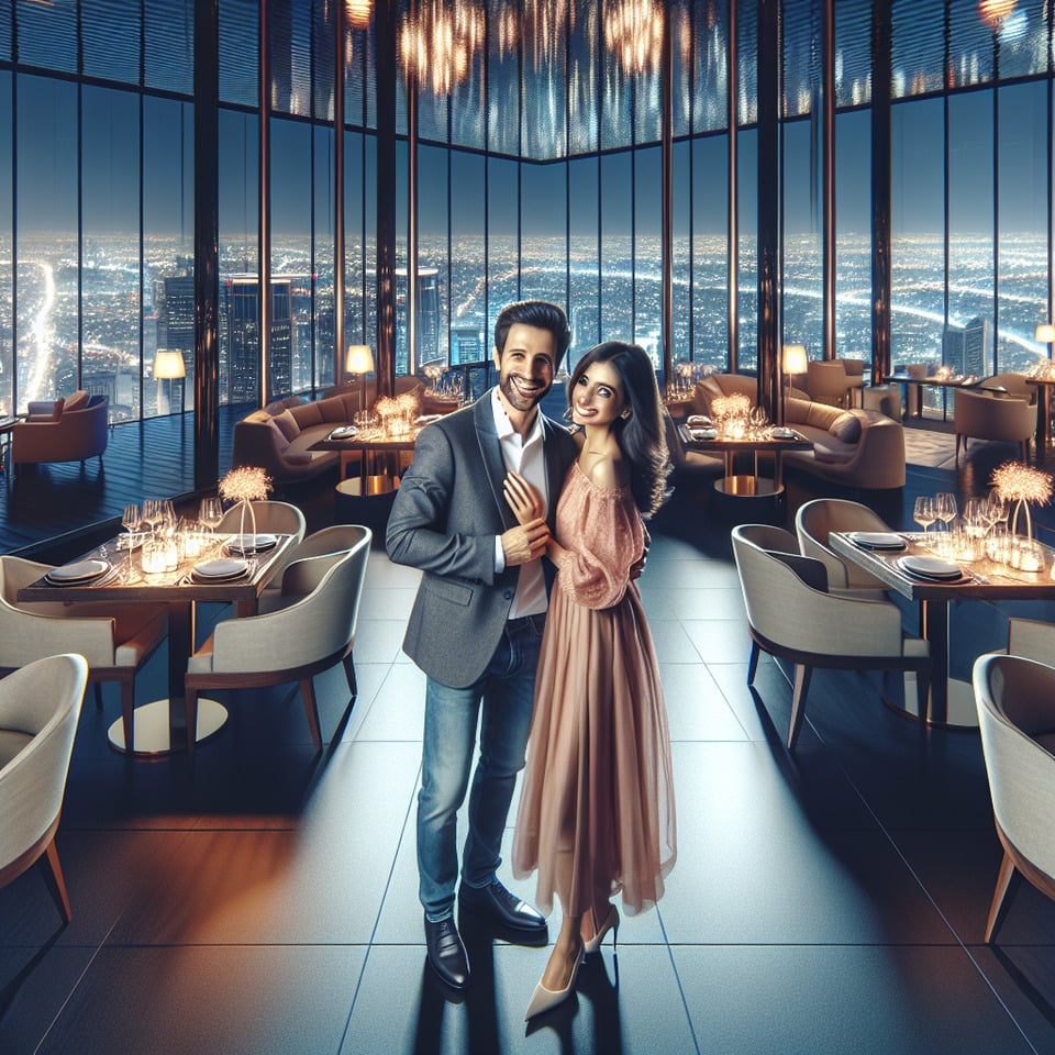 An Indian couple smiling Standing A Luxurious Rooftop Restaurant Interior With City Skyline View celebrating new year text effect image