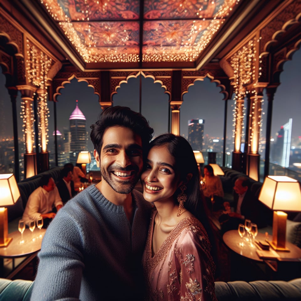 A closeup Indian couple smiling Standing A Luxurious Rooftop Restaurant Interior With City Skyline View celebrating new year text effect image