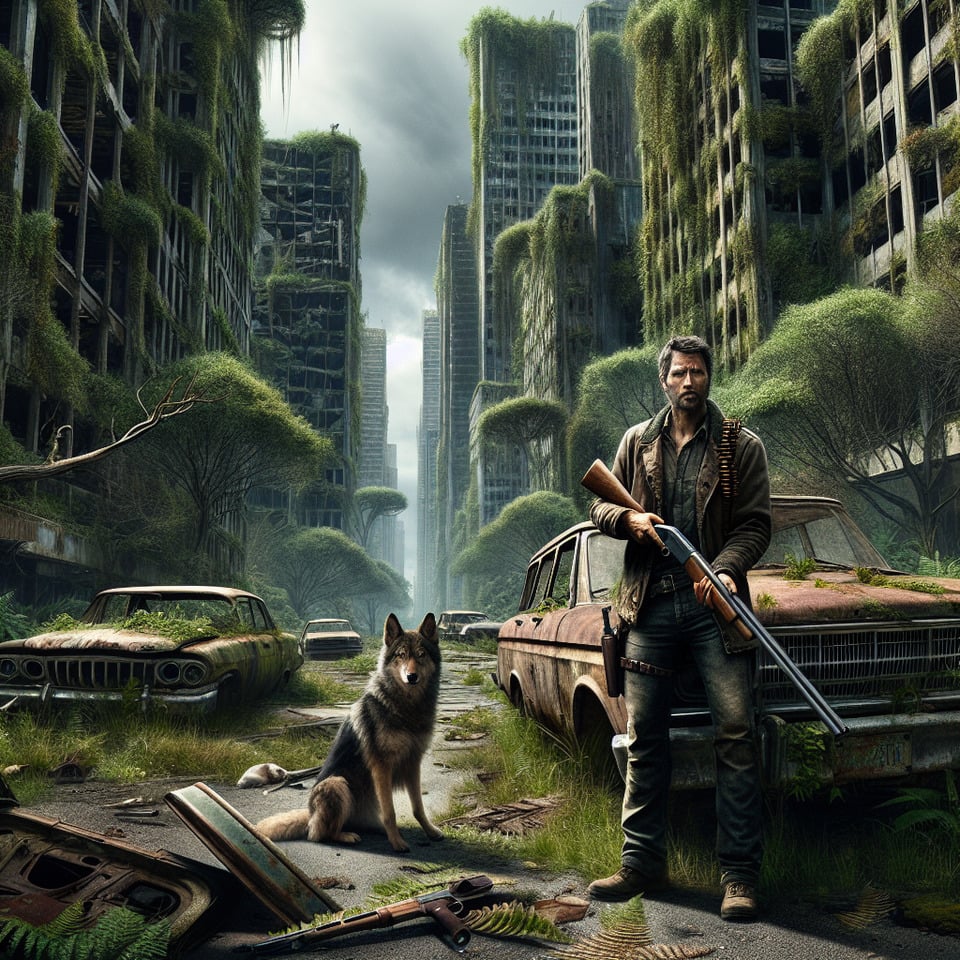 Abandoned citywith wild animals roamingSilenttrees grown on cars and the houseand a man with a gun in his handa dog on his jeep. text effect image