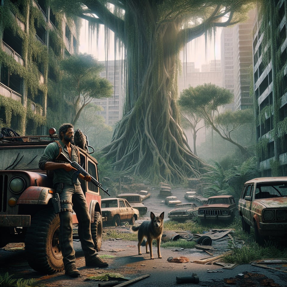 Abandoned citywith wild animals roamingSilenttrees grown on cars and the houseand a man with a gun in his handa dog on his jeep.  text effect image