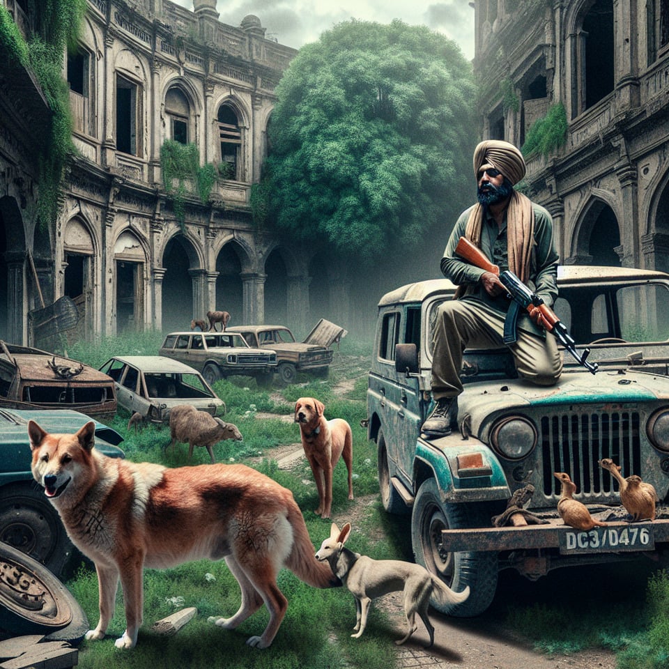 Abandoned citywith wild animals roamingSilenttrees grown on cars and the houseand a man with a gun in his handa dog on his jeep. text effect image