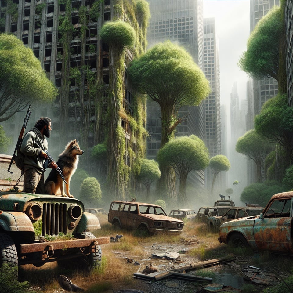 Abandoned citywith wild animals roamingSilenttrees grown on cars and the houseand a man with a gun and his dog on jeep closeup view text effect image