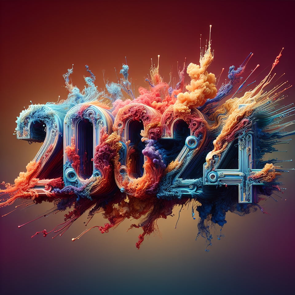 rainbow Text2024 in three linesno spacescreative colorful sign made of watter and smokecolorful backgroundartistic,ultra realisticsplash effectincredible detailsrich colorshigh qualityin the style of Dan Mumford and Daniel Merriam3D renderingphoto3d rendertypographycinematicfashion text effect image