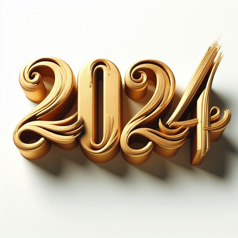 Hand brush stroke golden paint lettering number of text 2024  happy new year on white background text effect image