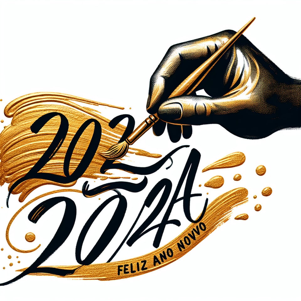 Hand brush stroke golden paint lettering number of text 2024 feliz ano novo on white background text effect image