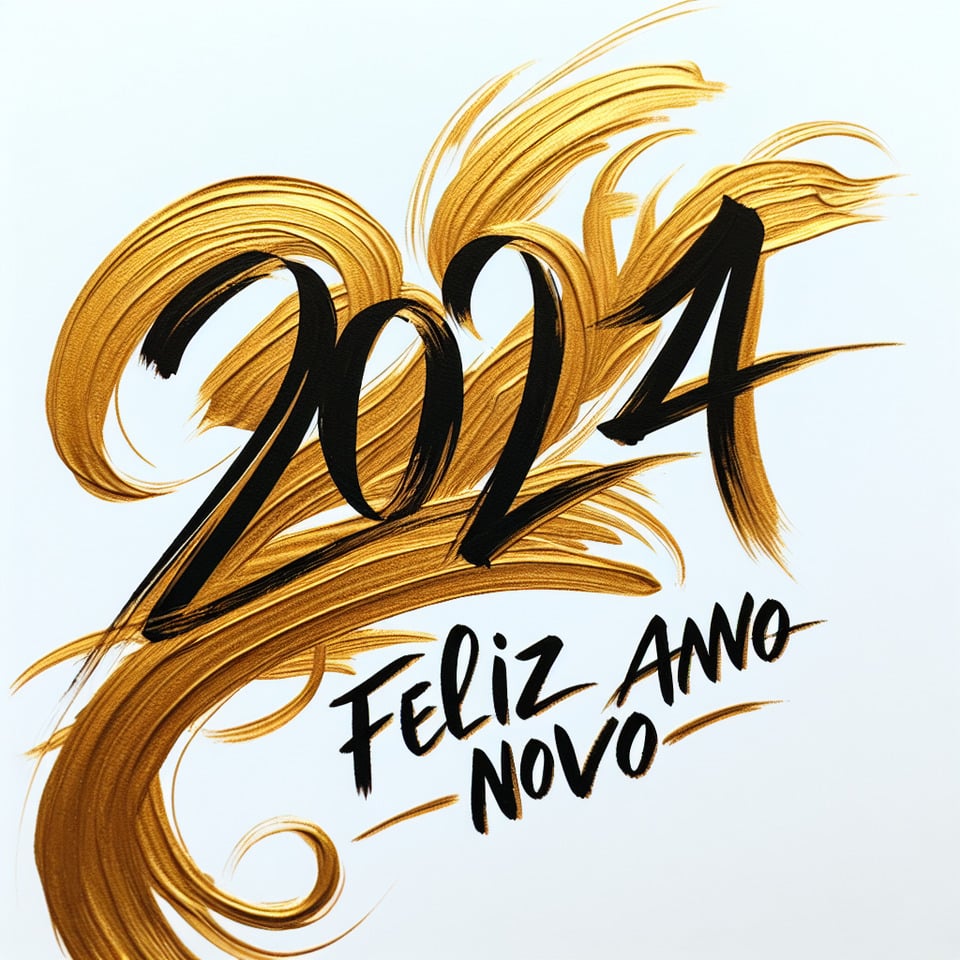 Hand brush stroke golden paint lettering number of text 2024  feliz ano novo on white background text effect image