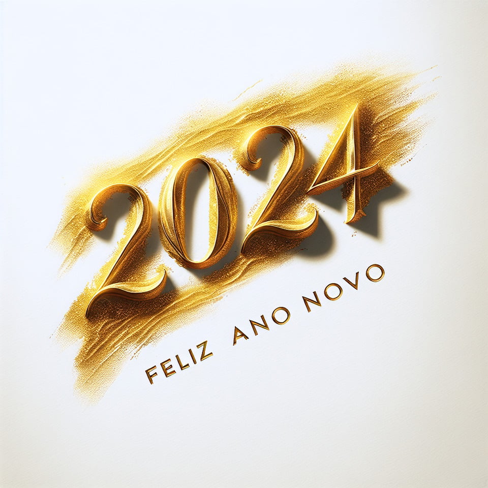 Hand brush stroke golden paint lettering number of text 2024 feliz ano novo on white background text effect image