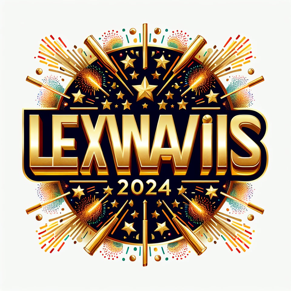 text LexNavis 2024 golden text effect with fireworks and confetti on white background text effect image