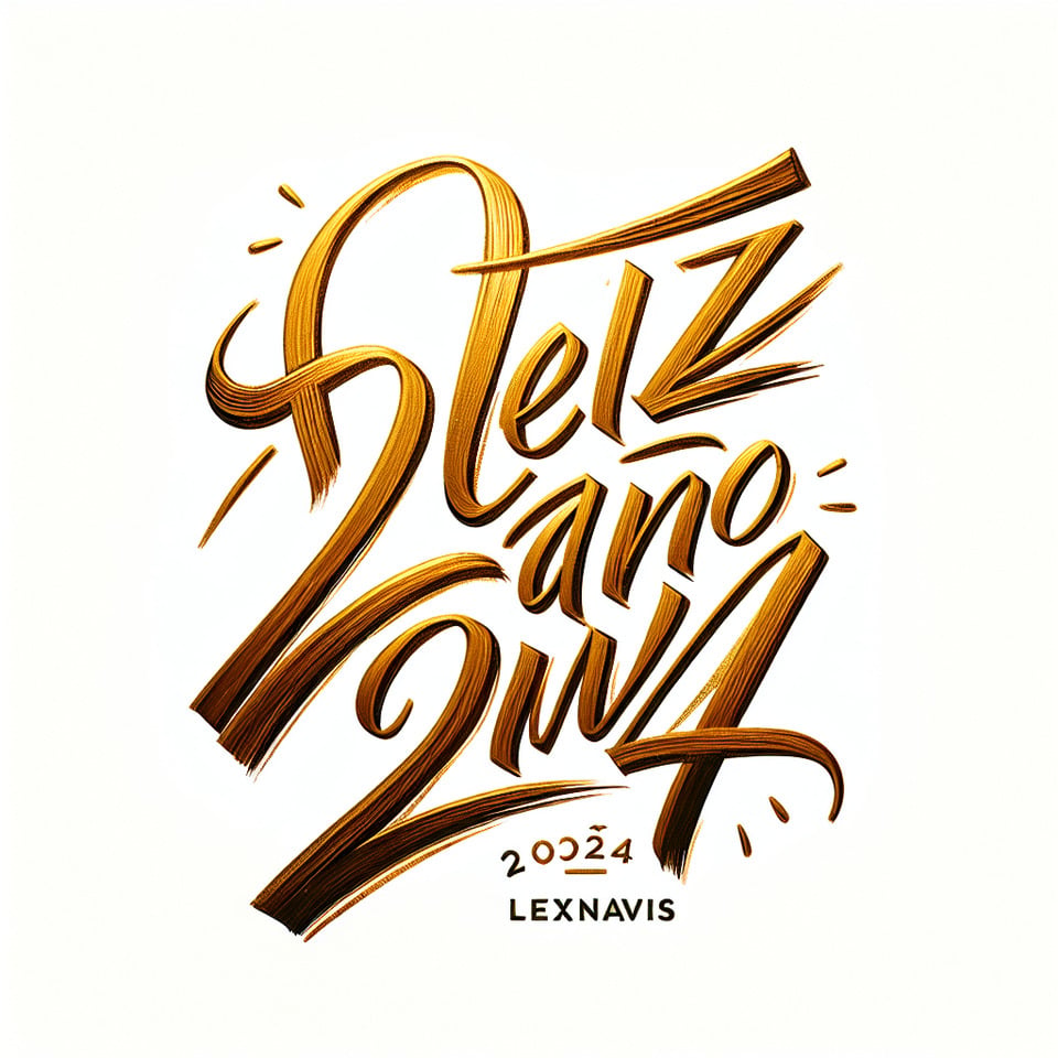 Hand brush stroke golden paint lettering number of text Feliz Ano Novo 2024 LexNavis on white background text effect image