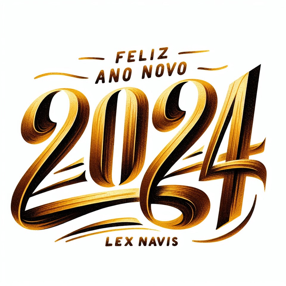 Hand brush stroke golden paint lettering number of text Feliz Ano Novo 2024 LexNavis on white background text effect image