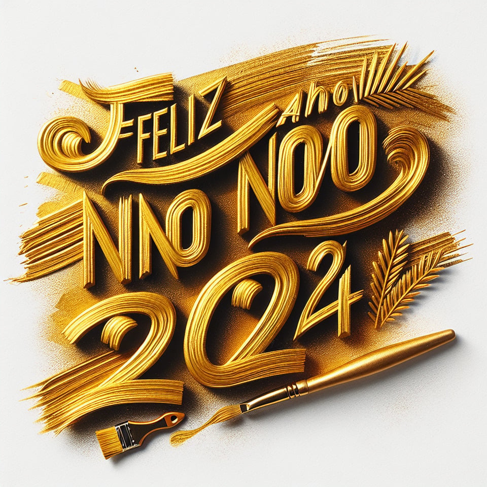 Hand brush stroke golden paint lettering number of text Feliz Ano Novo 2024 LexNavis on white background text effect image