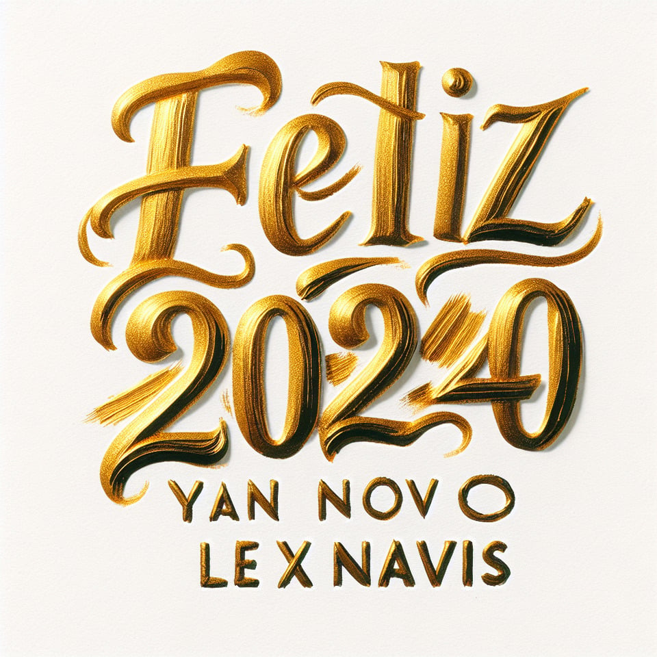 Hand brush stroke golden paint lettering number of text Feliz Ano Novo 2024 LexNavis on white background text effect image