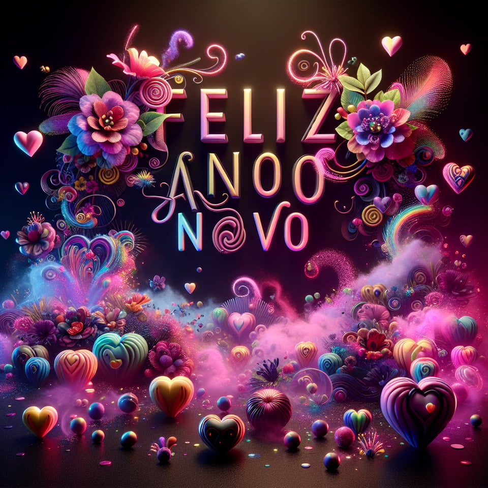 Name Feliz Ano Novo written on the backgroundsmall colorful touches of 3D paint and with colorful flowers and pink and purple smoke included. Everything in front with hearts in neon3D rendering3k3d render text effect image