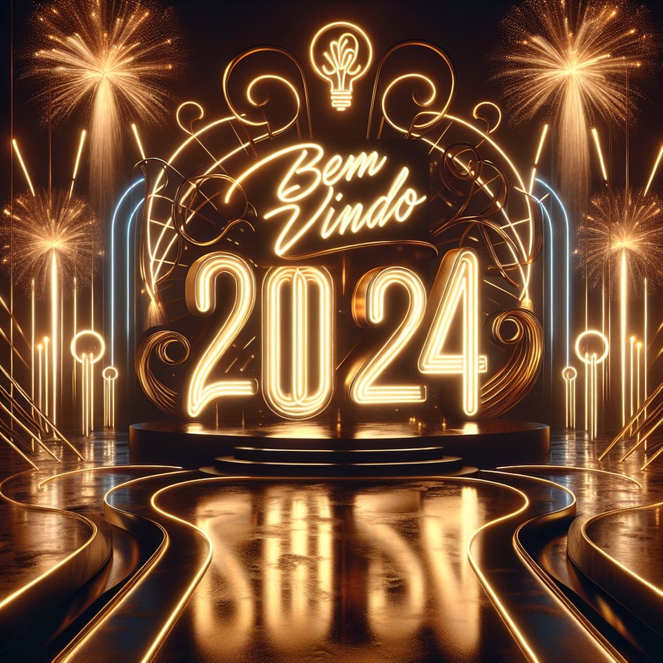 large text Bem Vindo 2024 elegant letters in golden neonbackground with fireworksglowing number 2024neon lights and party atmosphere3d rendering3d rendertypographyphotovibrantdark fantasyproductfashion text effect image